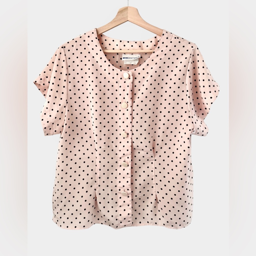 Vintage Blush Pink Polka Dot Short Sleeve Blouse – Impromptu – Size 14